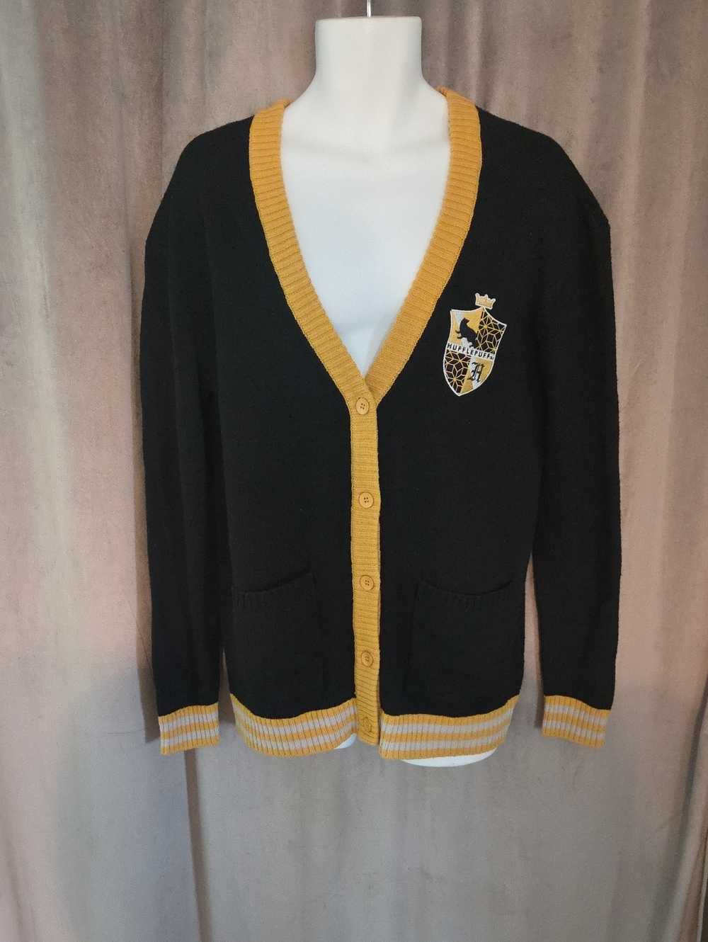 Harry Potter Size Large Black Cardigan with Mustard Trim and Crest Patch
